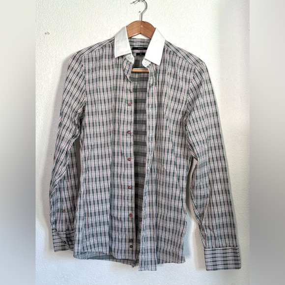 Vintage Slim Fit Gucci Green with Red Plaid White Collared Button Down size 39 - Picture 2 of 7